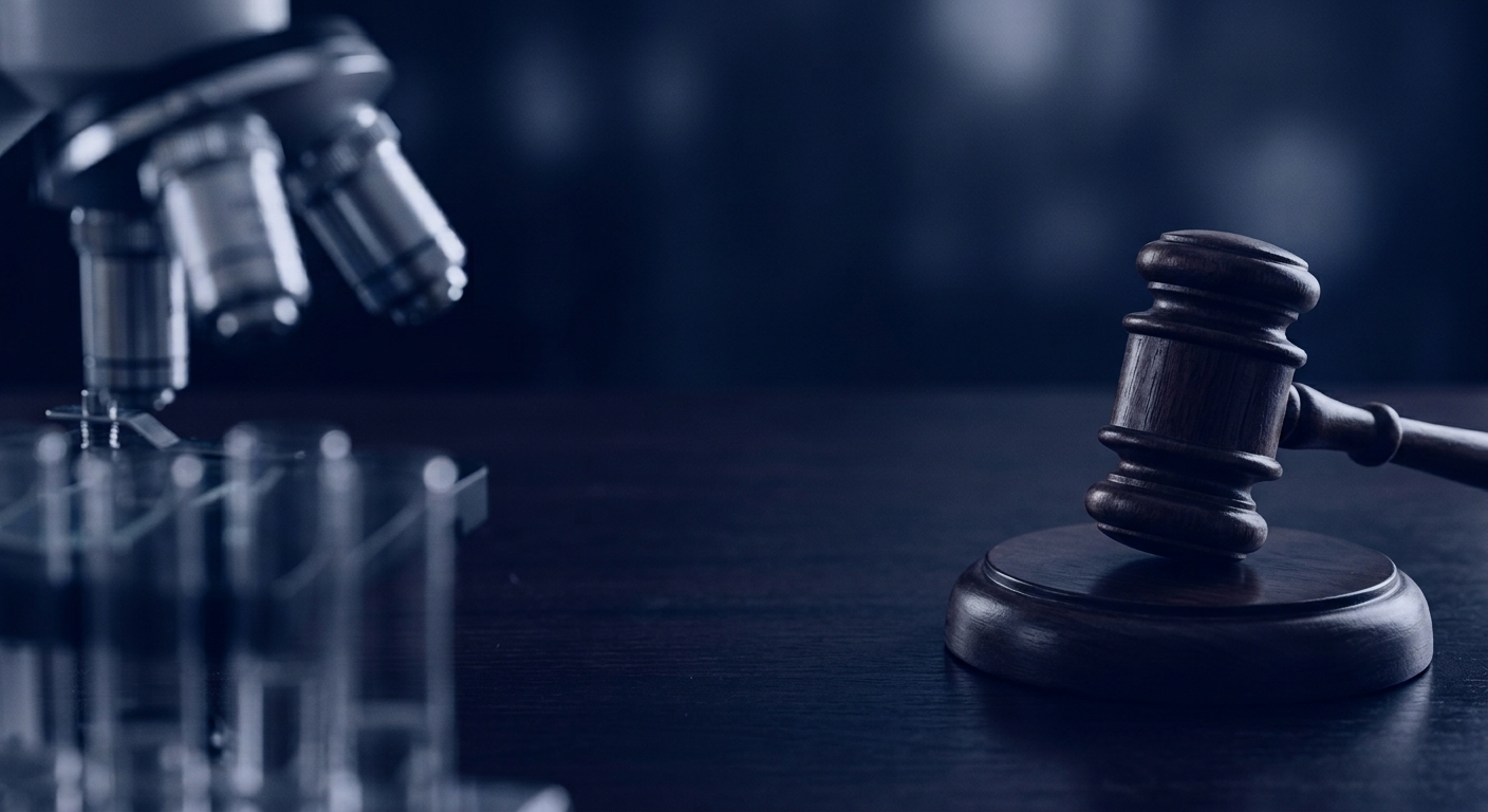 Mazo judicial y microscopio sobre mesa oscura
